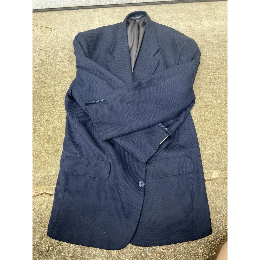 Vintage BURBERRY Pure 100% Silk ITALY Woven Sport Coat Blazer Mens 44R Navy